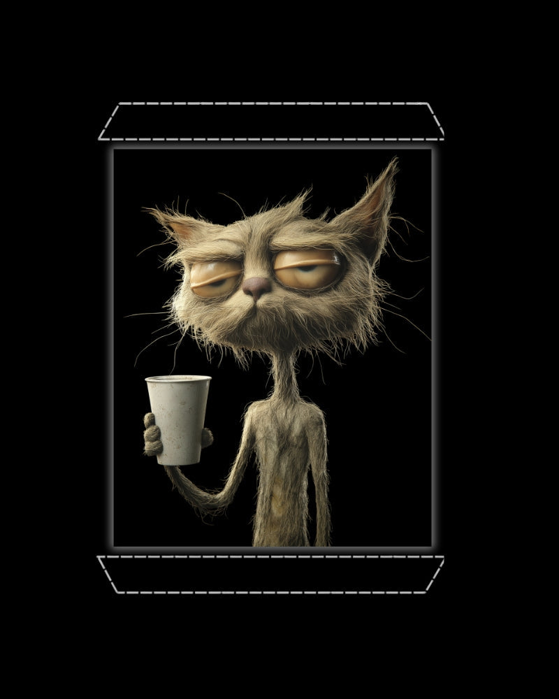 Artwork of a weary old cat holding a coffee cup on a solid black background