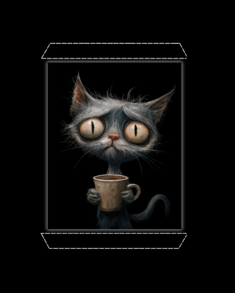 Artwork of a poor grey cat holding a coffee cup on a solid black background