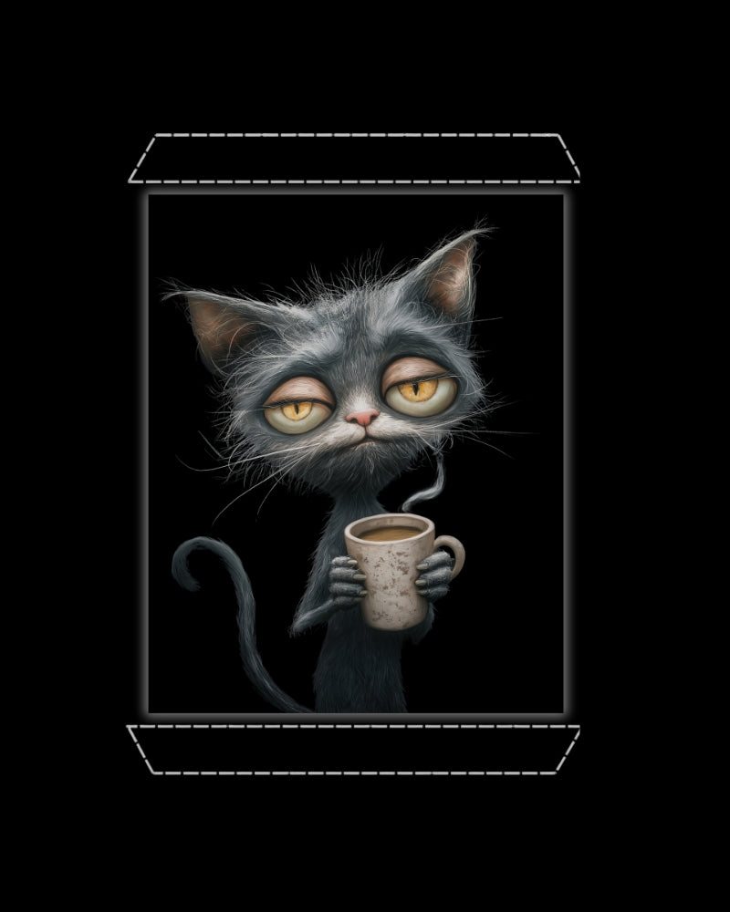 Artwork of a exhausted grey cat holding a coffee cup on a solid black background